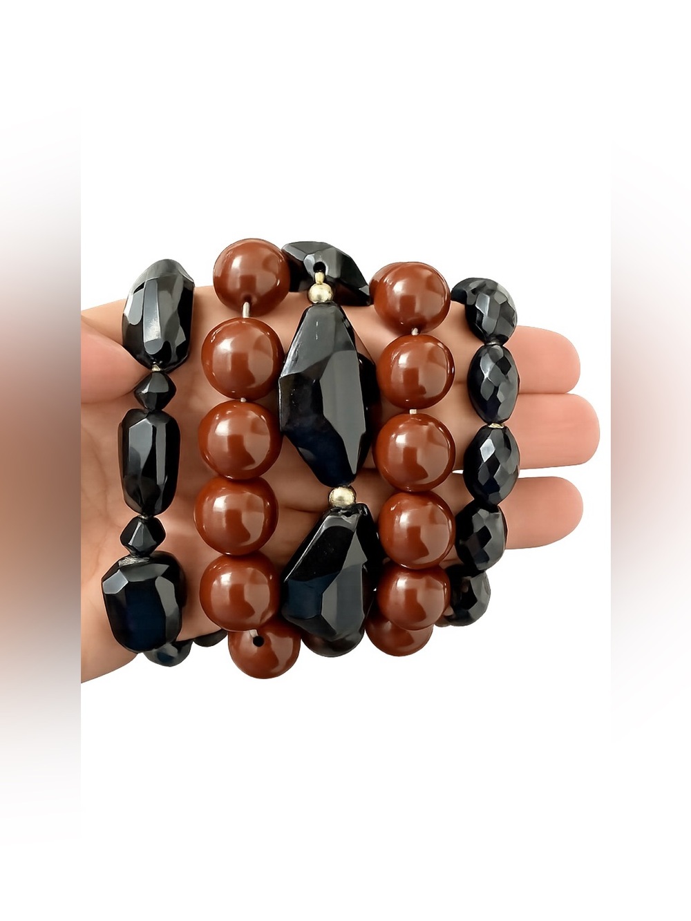 Vintage Lot (5) Chunky Fashion Stretch Bracelets Brown & Black Wearable EUC